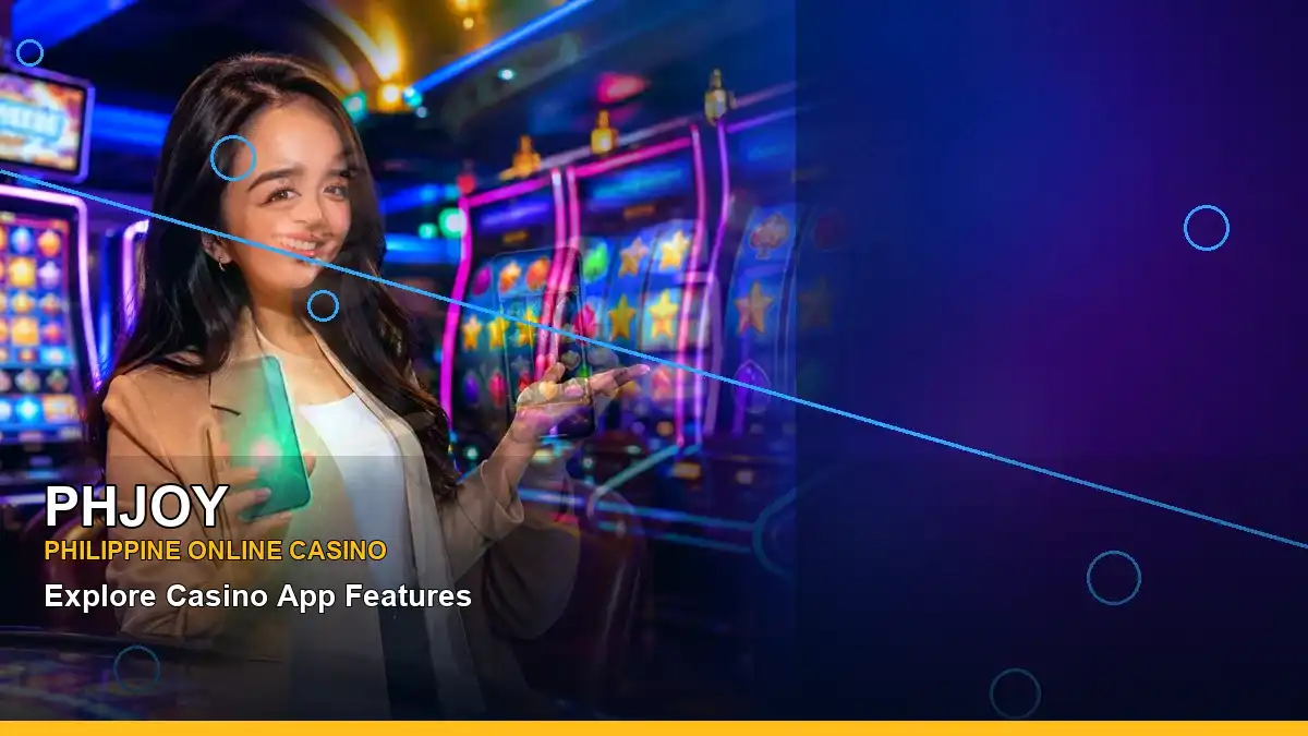 PHJOY mobile casino app in a left-framed scene for the PHJOY brand search, casino access, games, account help and safer