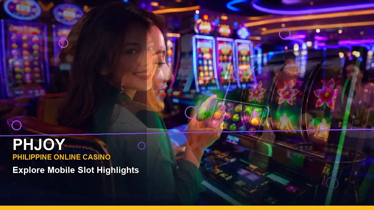 PHJOY fantasy online slot games featuring an adult Filipina casino host with a left-diagonal composition